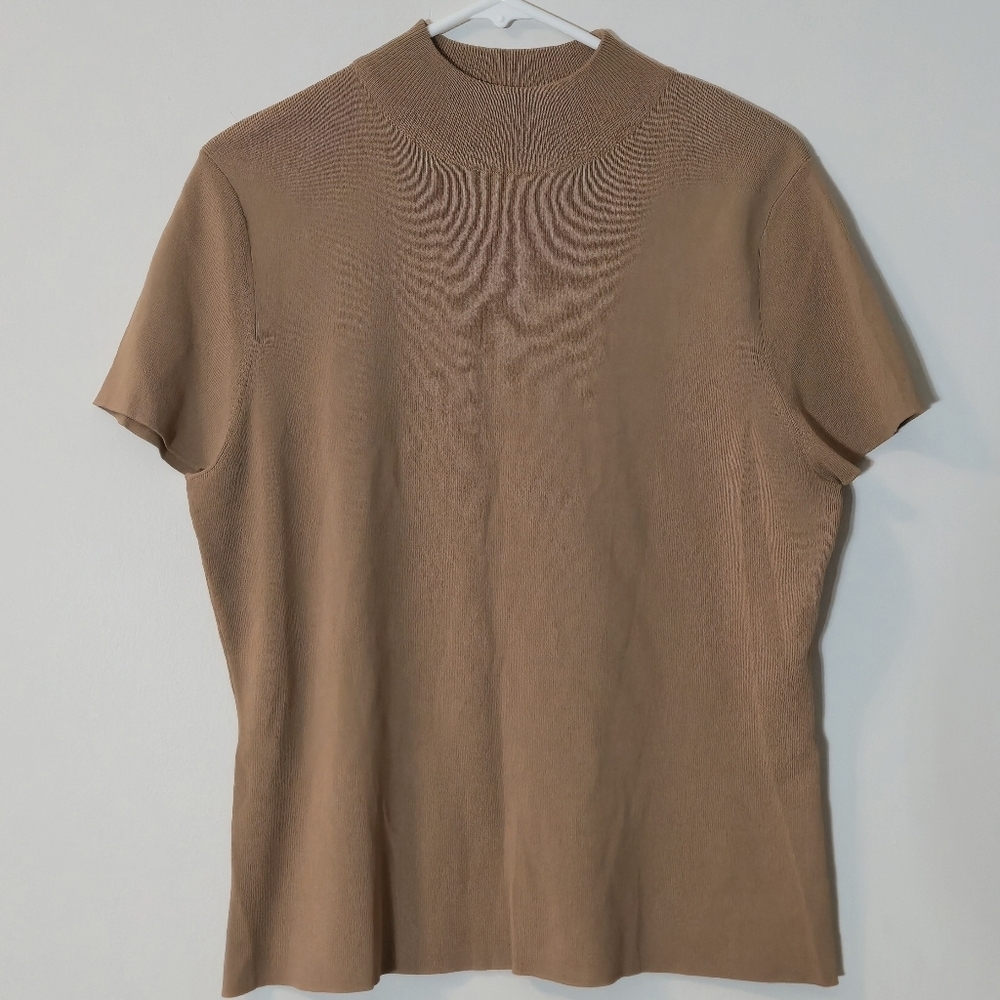 Bellissima Fashions XL Camel Tan Short Sleeve Mock Neck Knit Top Minimalist Chic